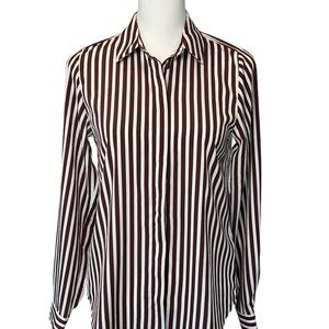 H&M Brown & White Striped Silky Button Front Oversized Loose Fit L/S Shirt Top